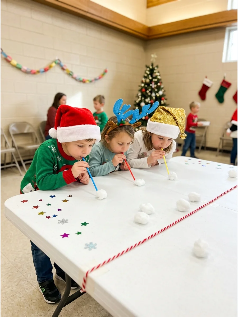 Children racing cotton balls across a table using straws.