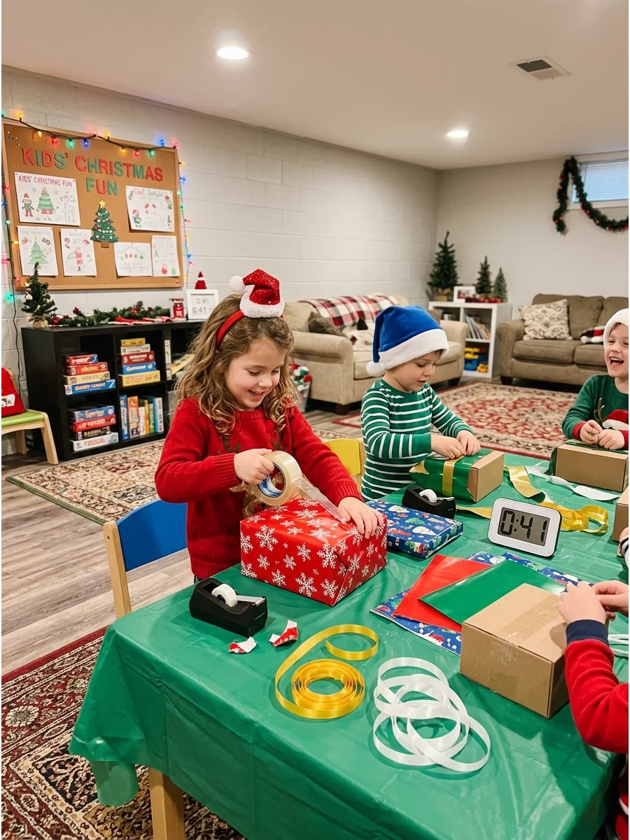 A child wrapping a small gift box with red paper.