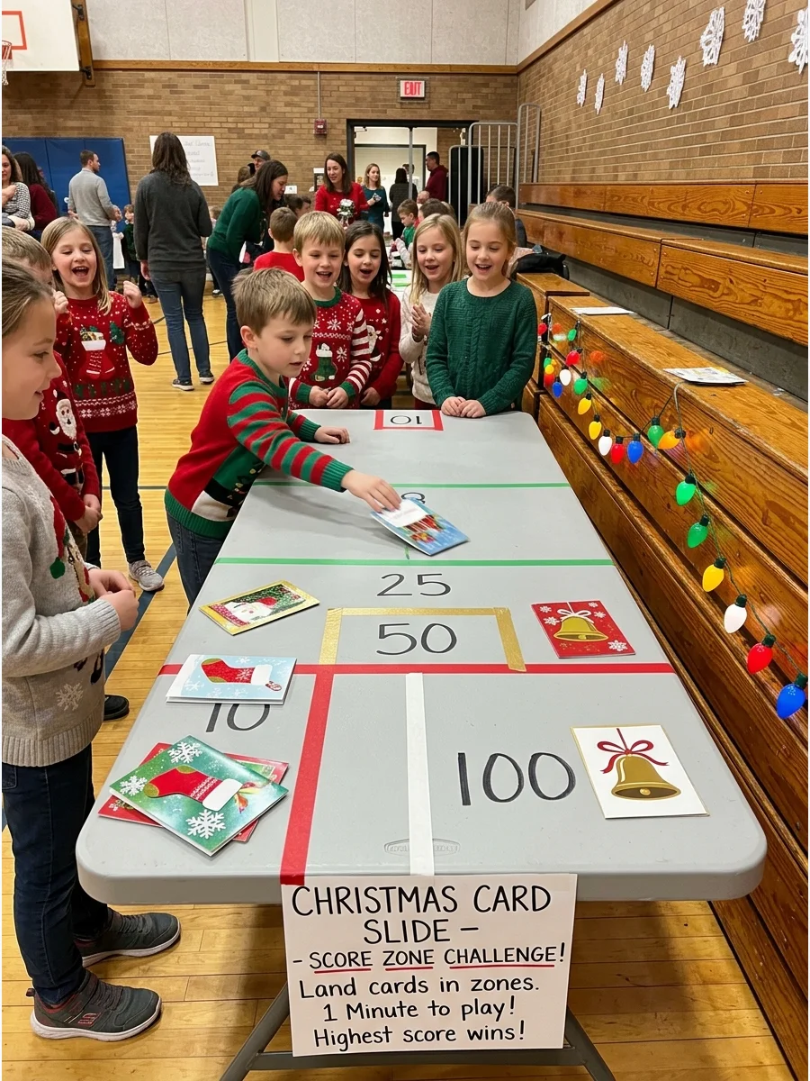 Christmas cards sliding across a table toward point markers.