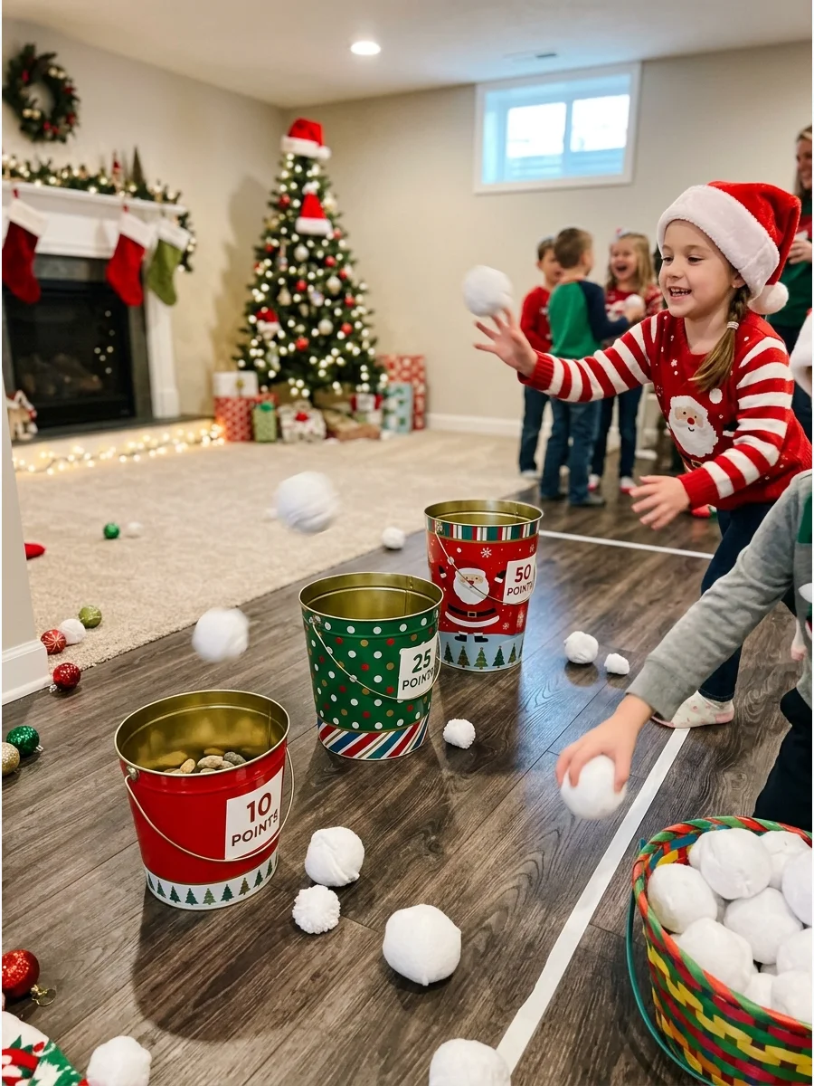 Soft snowballs being tossed into colorful holiday buckets.