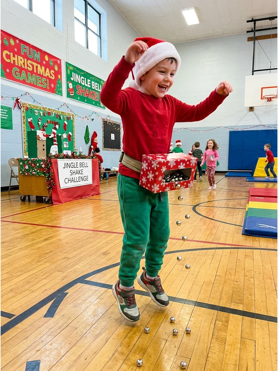 A child shaking a box of bells tied to their waist.