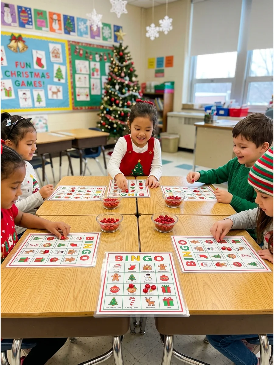 Kids playing Christmas bingo at school desks.