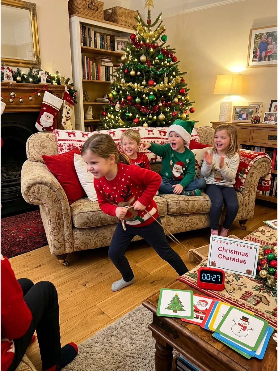 A child acting out a Christmas charade in a living room.