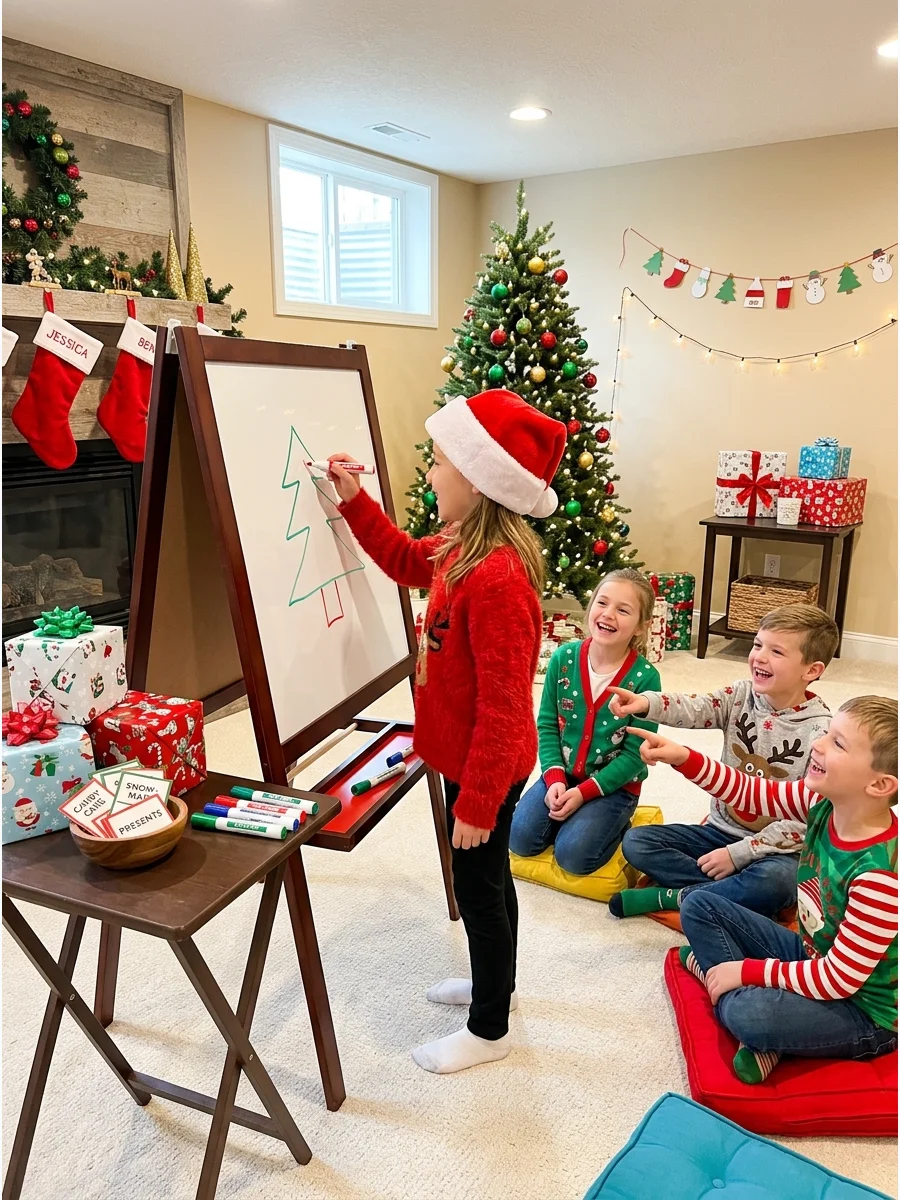Children playing a drawing game in a finished basement.