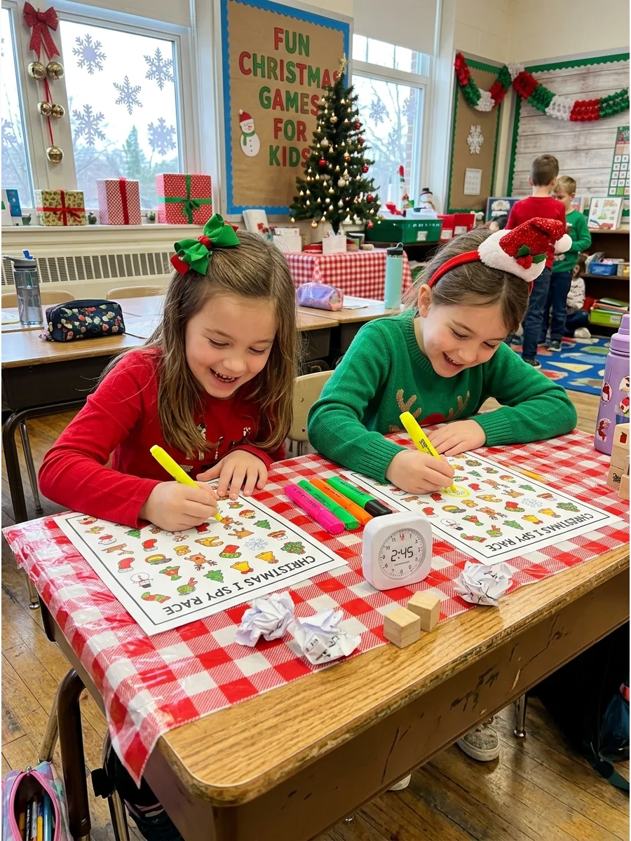 Kids searching for items on a Christmas I Spy worksheet.