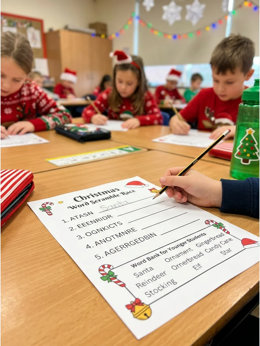 A Christmas word scramble worksheet on a school desk.
