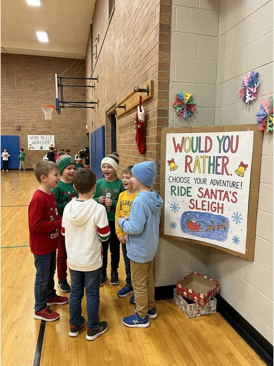 Kids playing Would You Rather in a school gym.