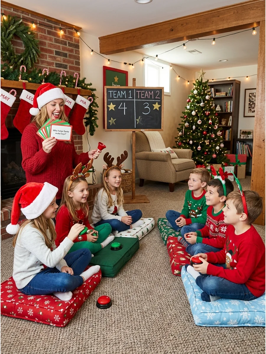 Teams of children playing Christmas trivia in a basement.