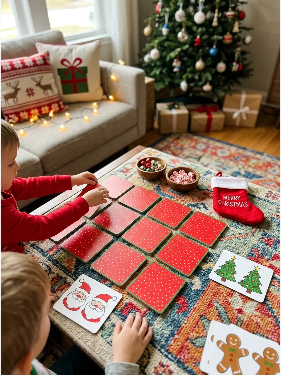 Christmas memory match cards on a coffee table.