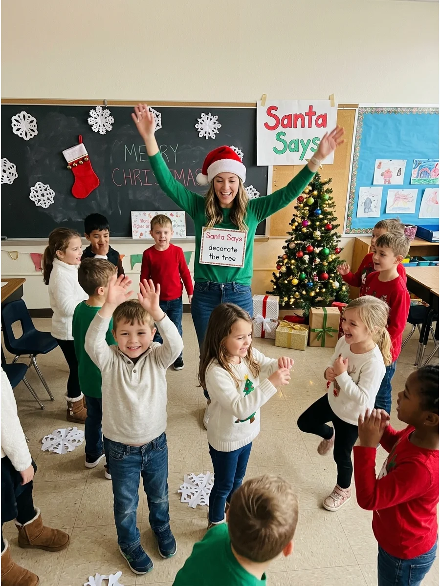 A group of school children playing Santa Says in a classroom.