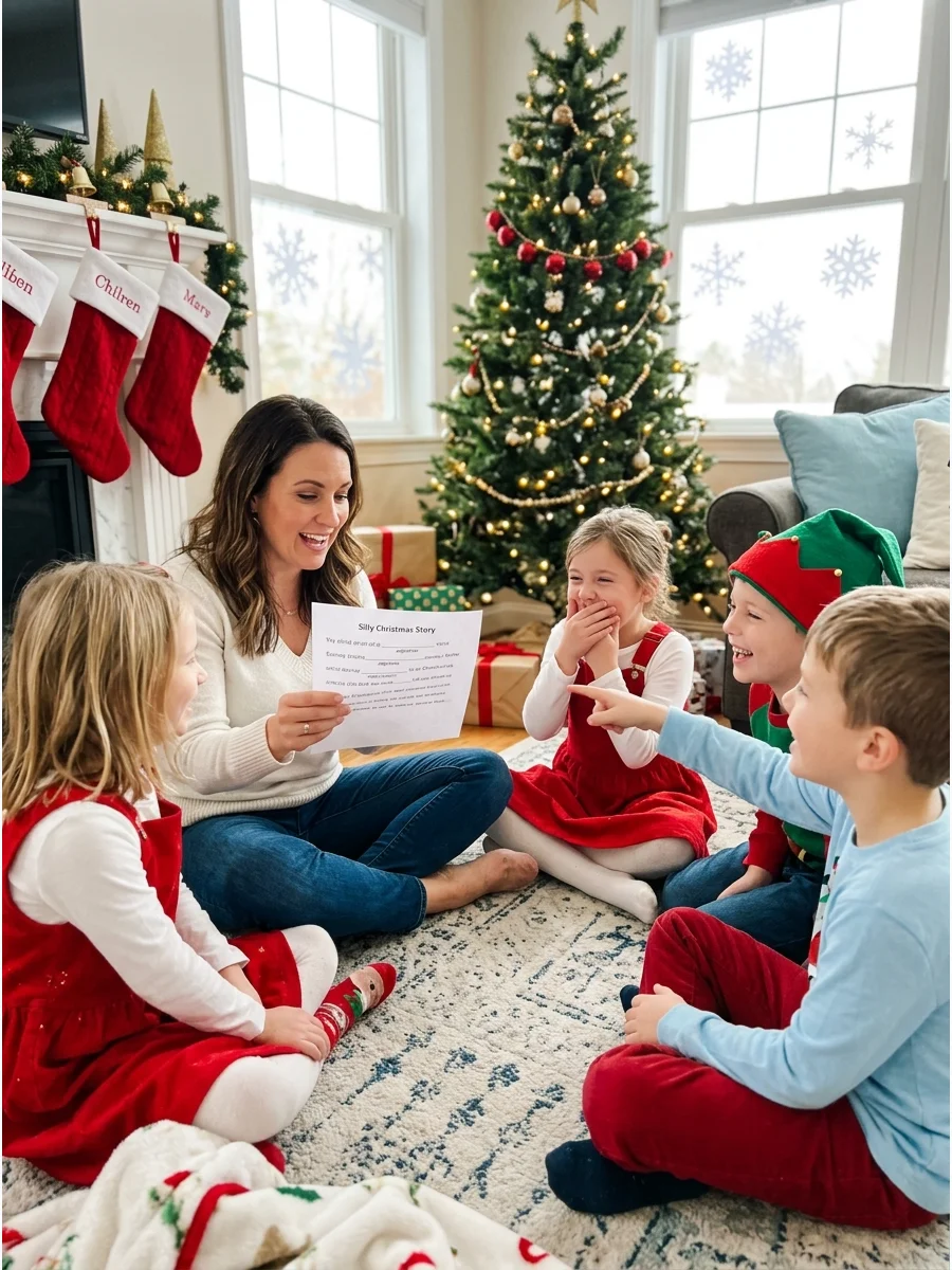 A group of children laughing at a silly Christmas story.