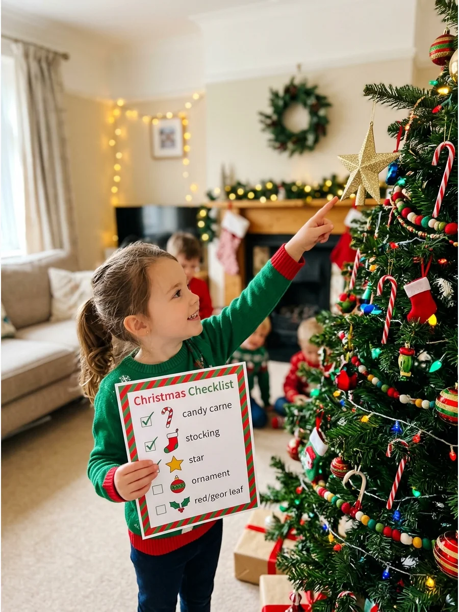 A young child checking off items on a holiday scavenger hunt list near a decorated tree.