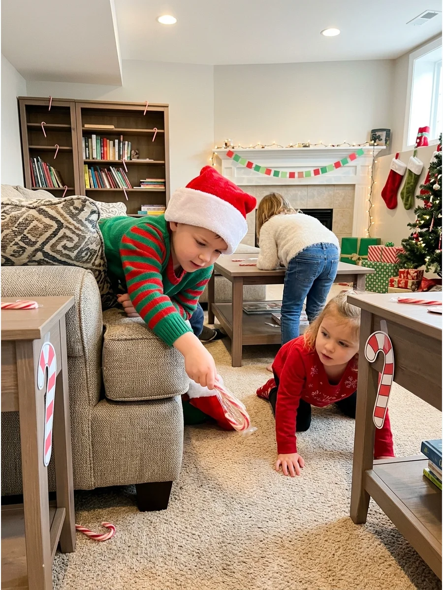 Kids searching a basement floor and furniture for hidden candy canes.