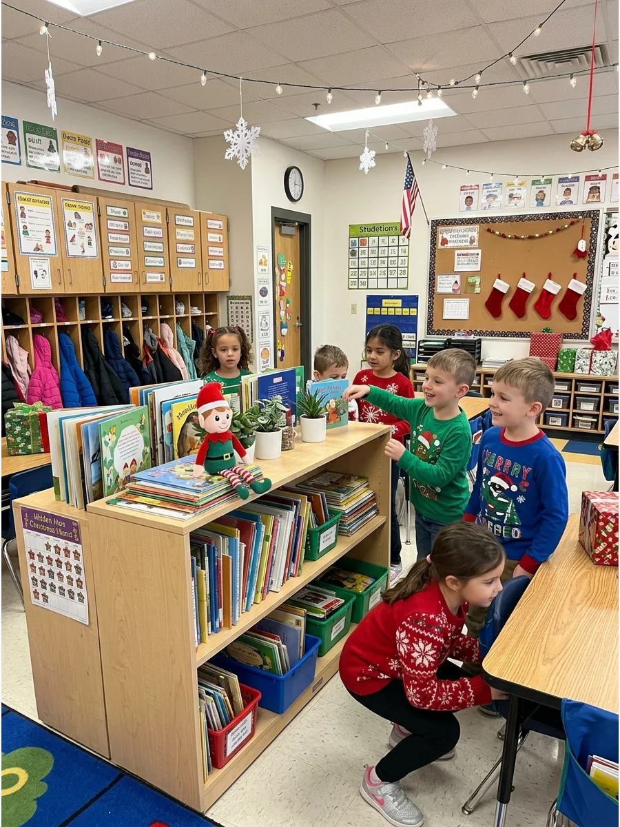 A toy elf hidden among books in a bright elementary classroom.