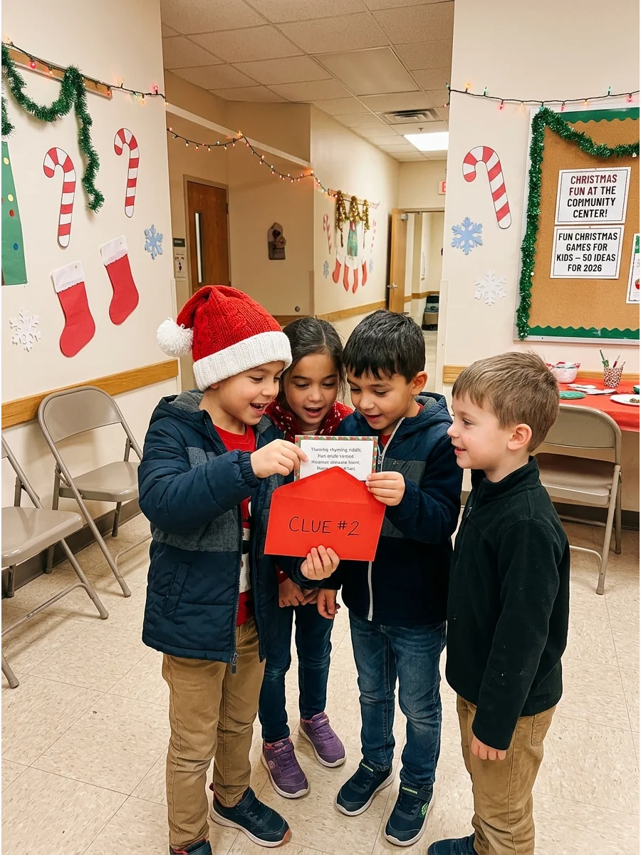 Children reading a paper clue during a holiday treasure hunt in a community hall.