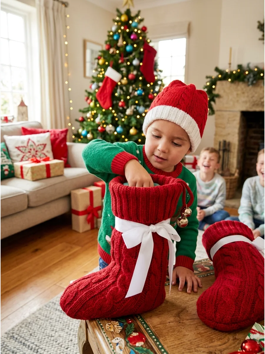A child using their hand to feel an object inside a Christmas stocking.