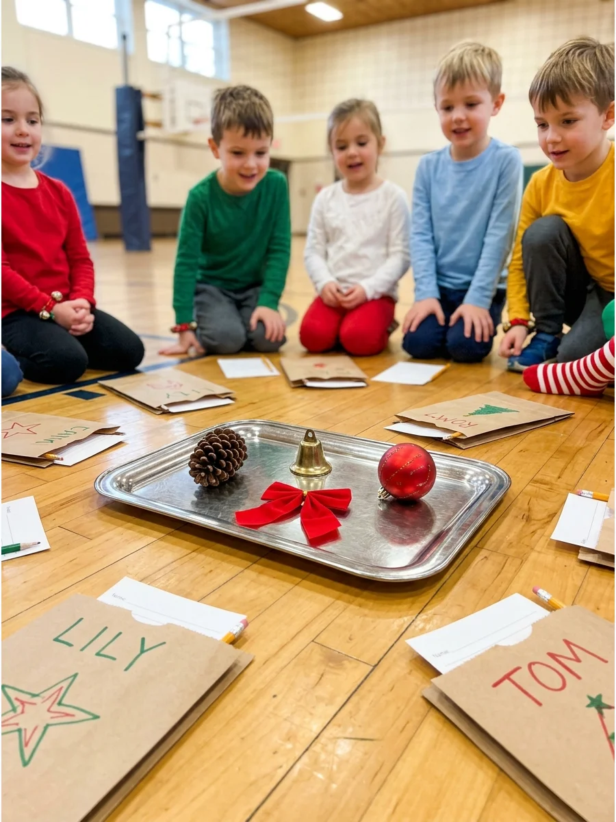A tray of Christmas objects placed on a wooden gym floor for a memory game.