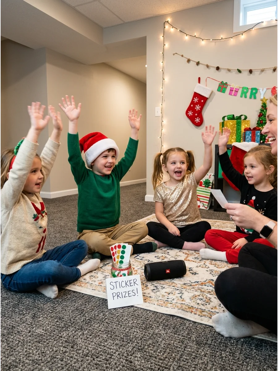 Children raising their hands to guess a holiday song in a basement playroom.