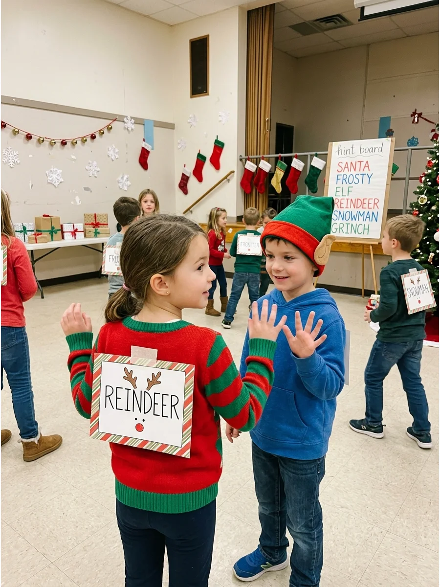 Kids playing a character guessing game with signs taped to their backs.