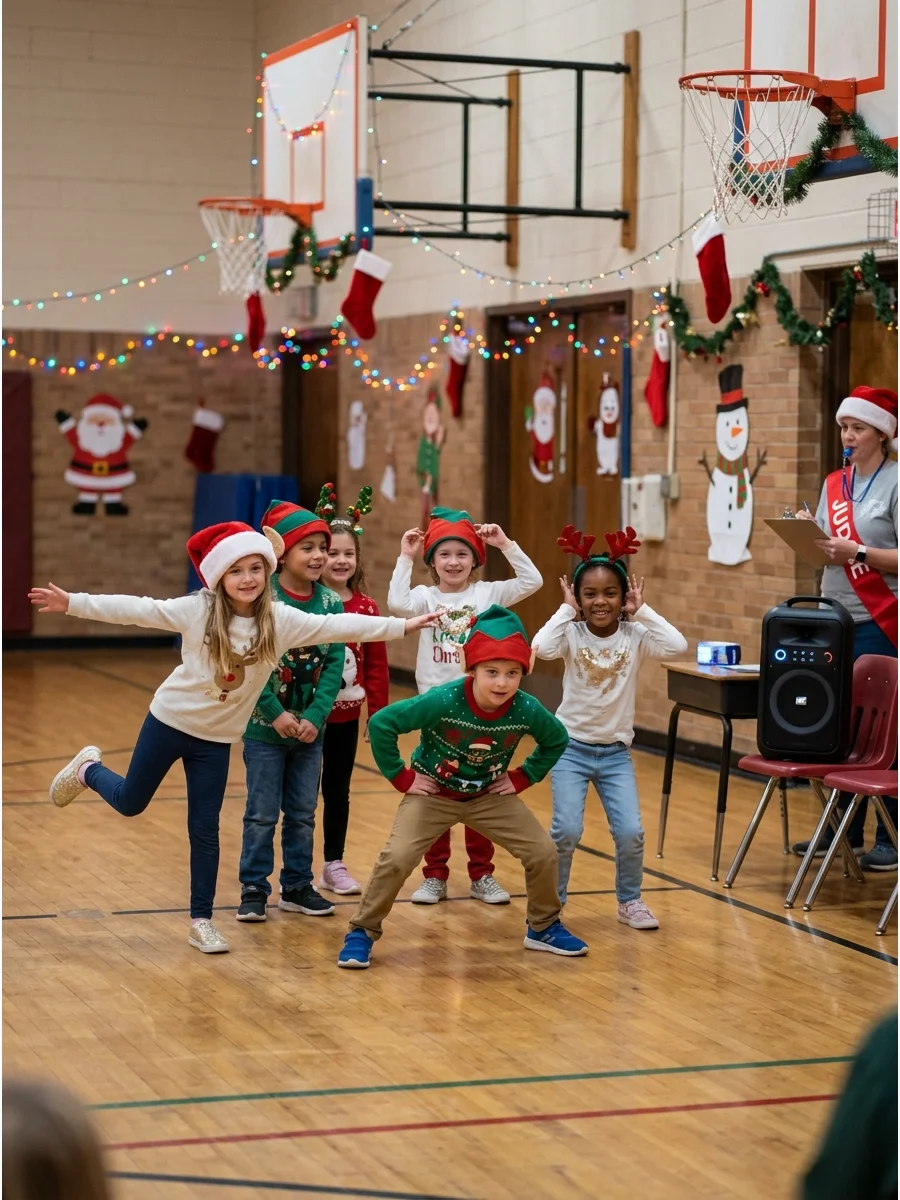 Kids frozen in place during a Christmas dance game in a gym.