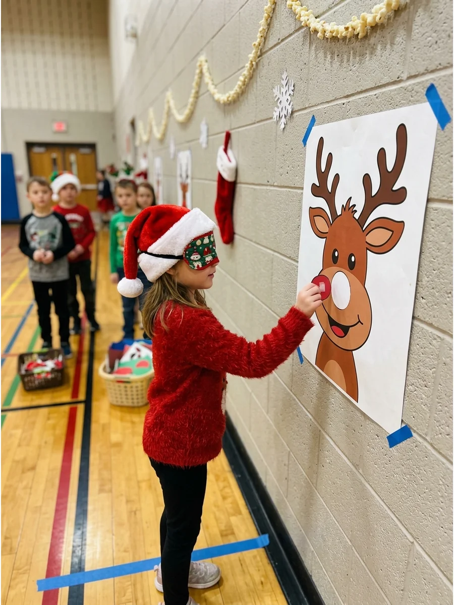 A blindfolded child playing pin the nose on Rudolph in a school gym.