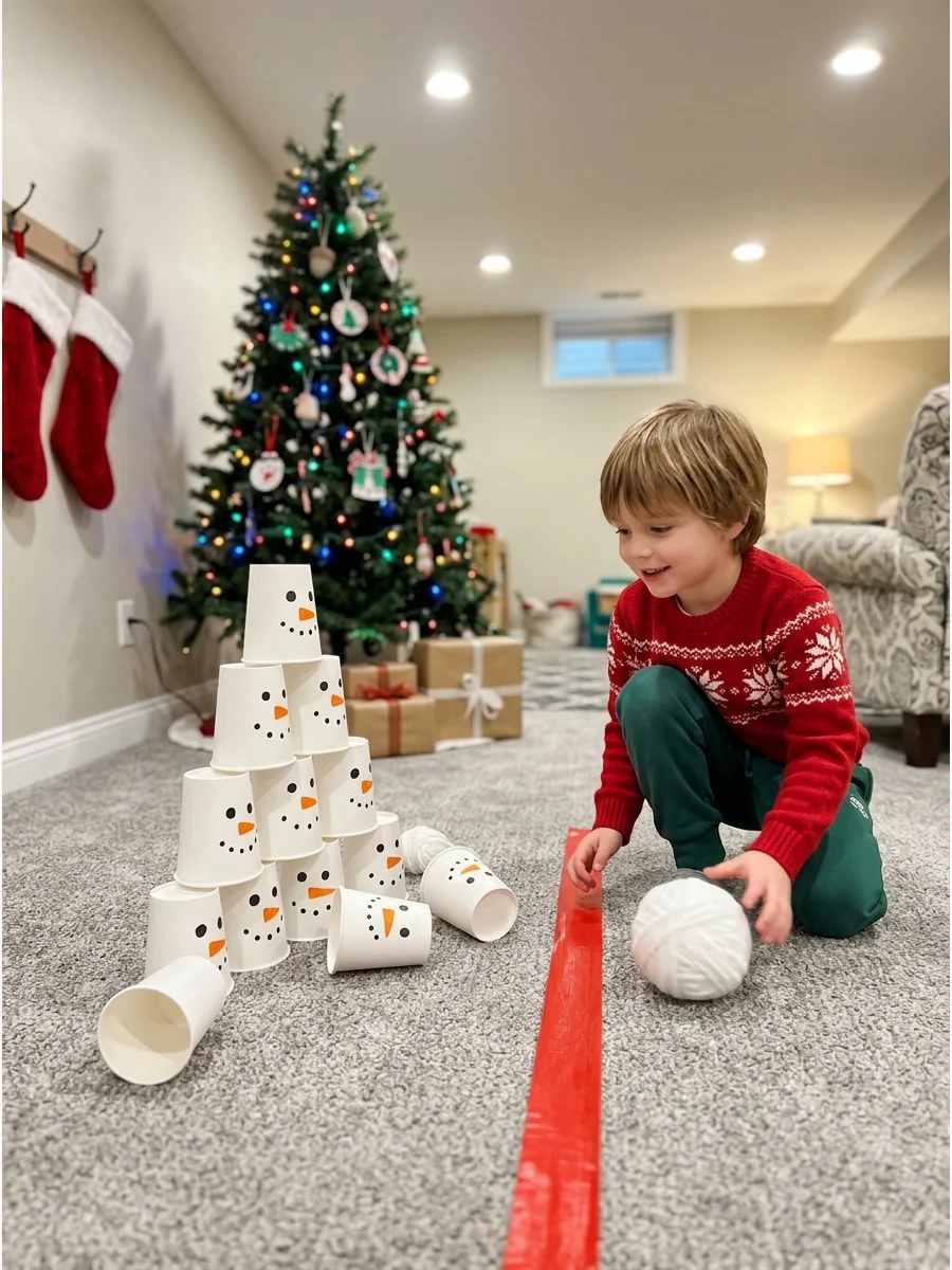 Snowman cup bowling game on a basement floor.