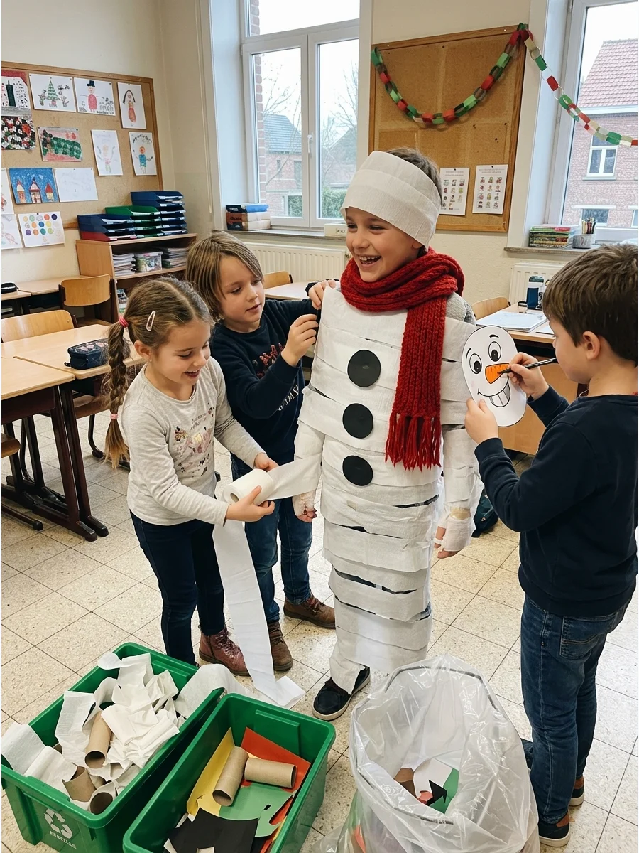 Children wrapping a classmate in white paper like a snowman.