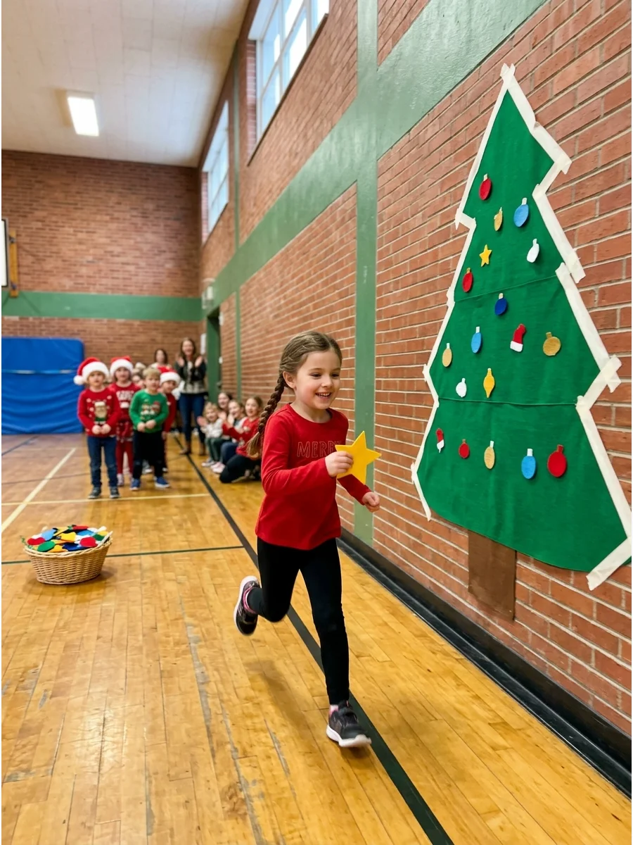 A child running toward a felt Christmas tree on a wall.