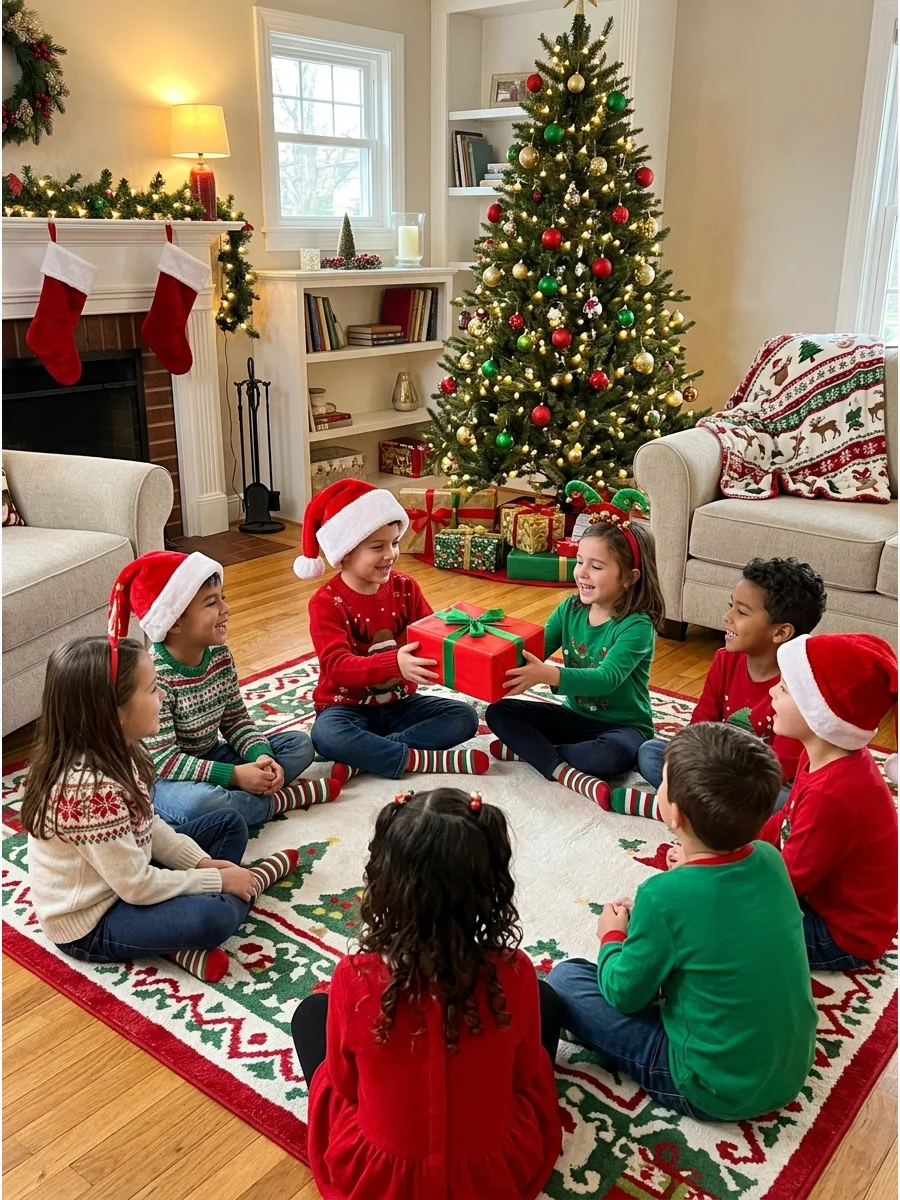 Children sitting in a circle passing a wrapped Christmas gift.
