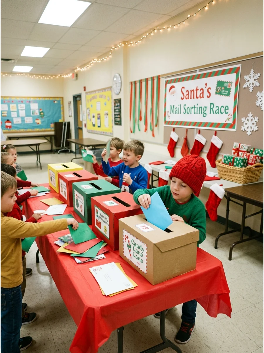 A child sorting blue envelopes into labeled cardboard boxes.