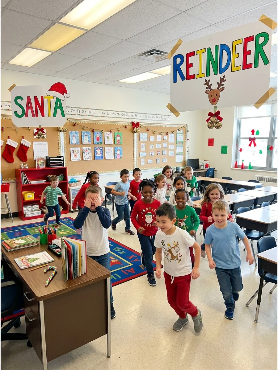 Kids running to different corners of a classroom with holiday signs.