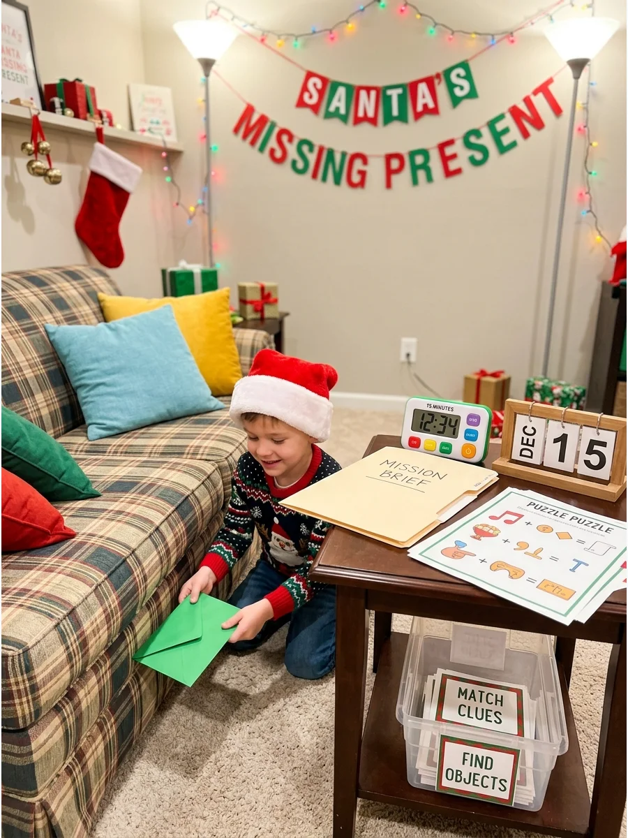 A child searching for a hidden green envelope in a basement.