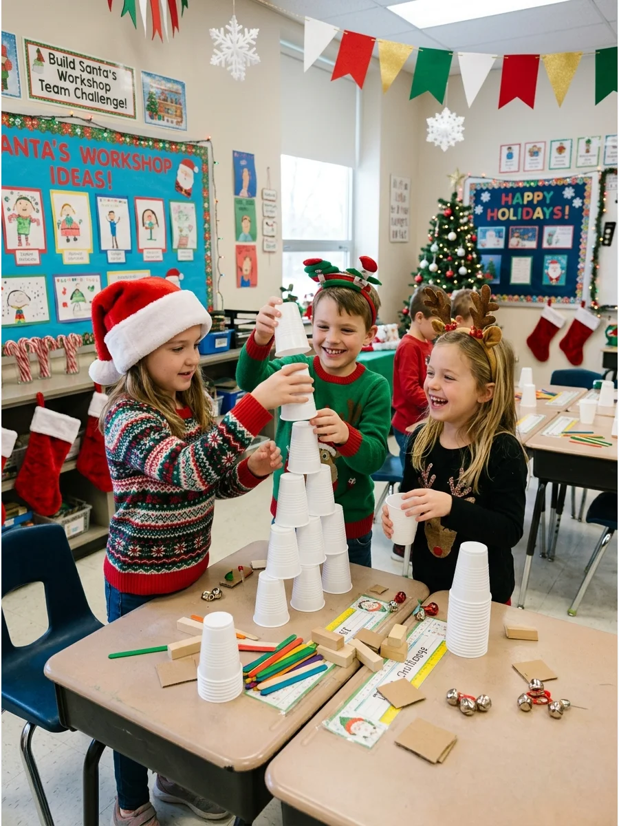 Children building a tower out of plastic cups on a classroom desk.