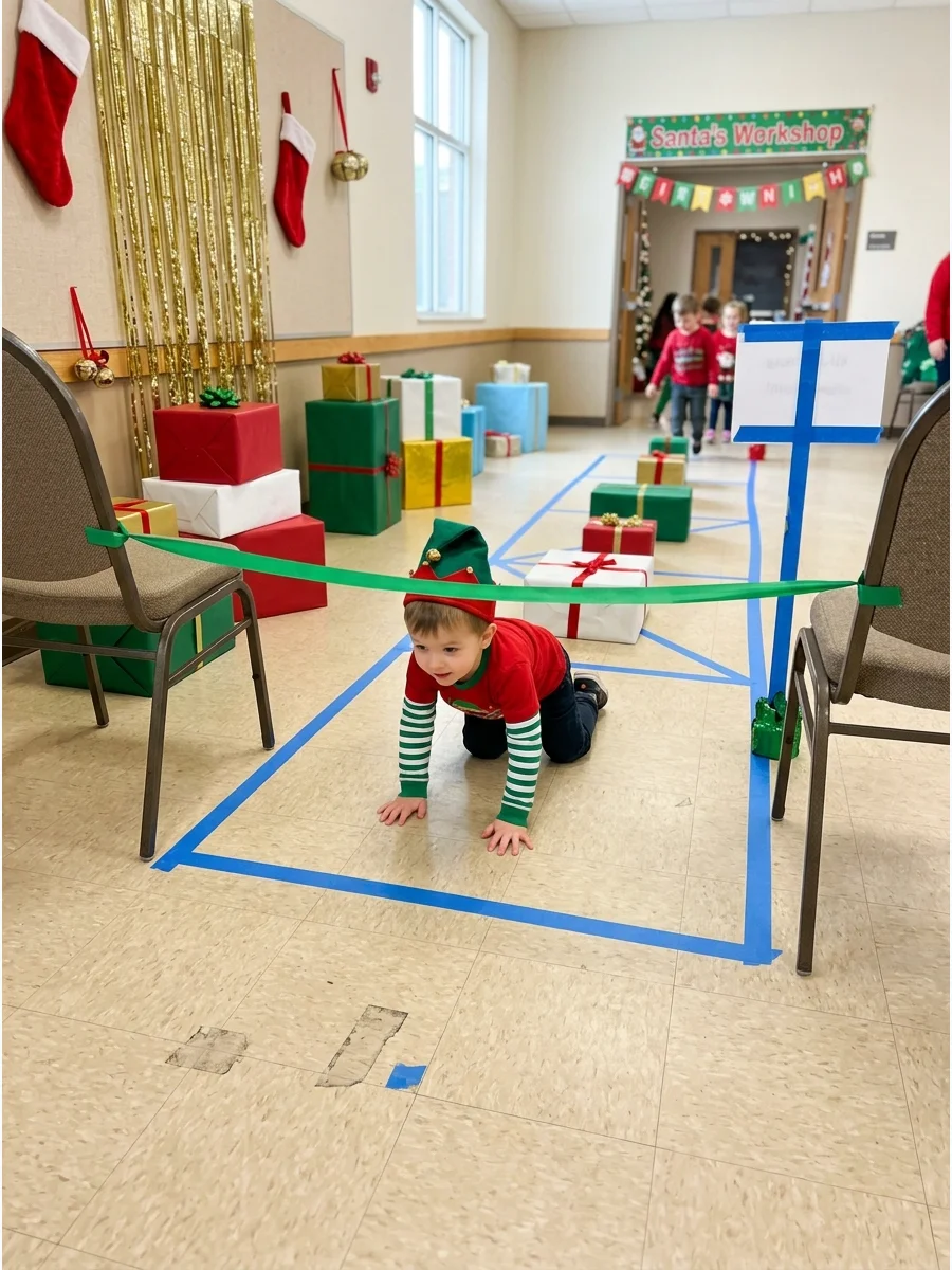 A child navigating a holiday-themed obstacle course in a community hall.