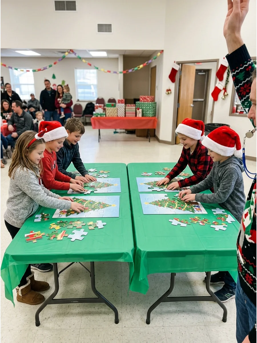 Two groups of children racing to complete identical holiday puzzles.
