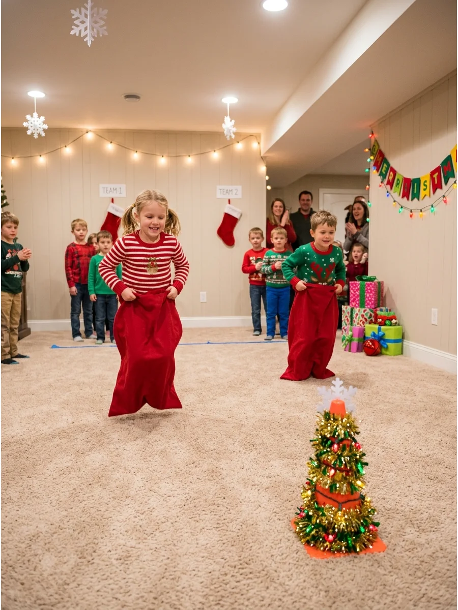 Children competing in a sack race using red holiday bags.