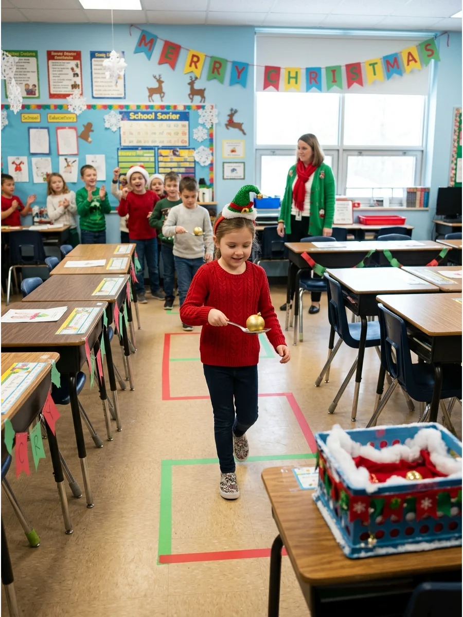 A student balancing an ornament on a spoon during a school relay.