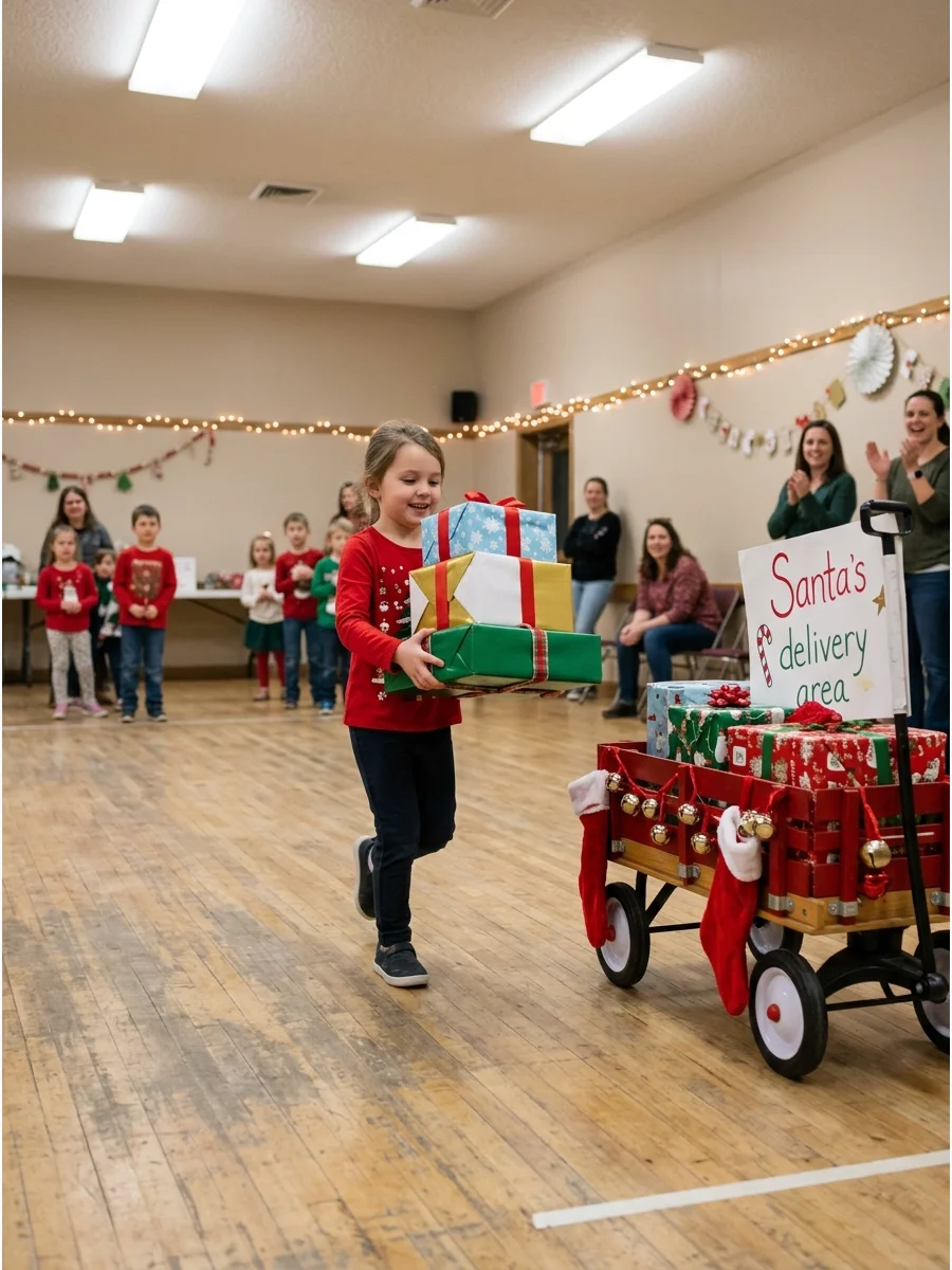 A child carrying a stack of wrapped gifts in a relay race.