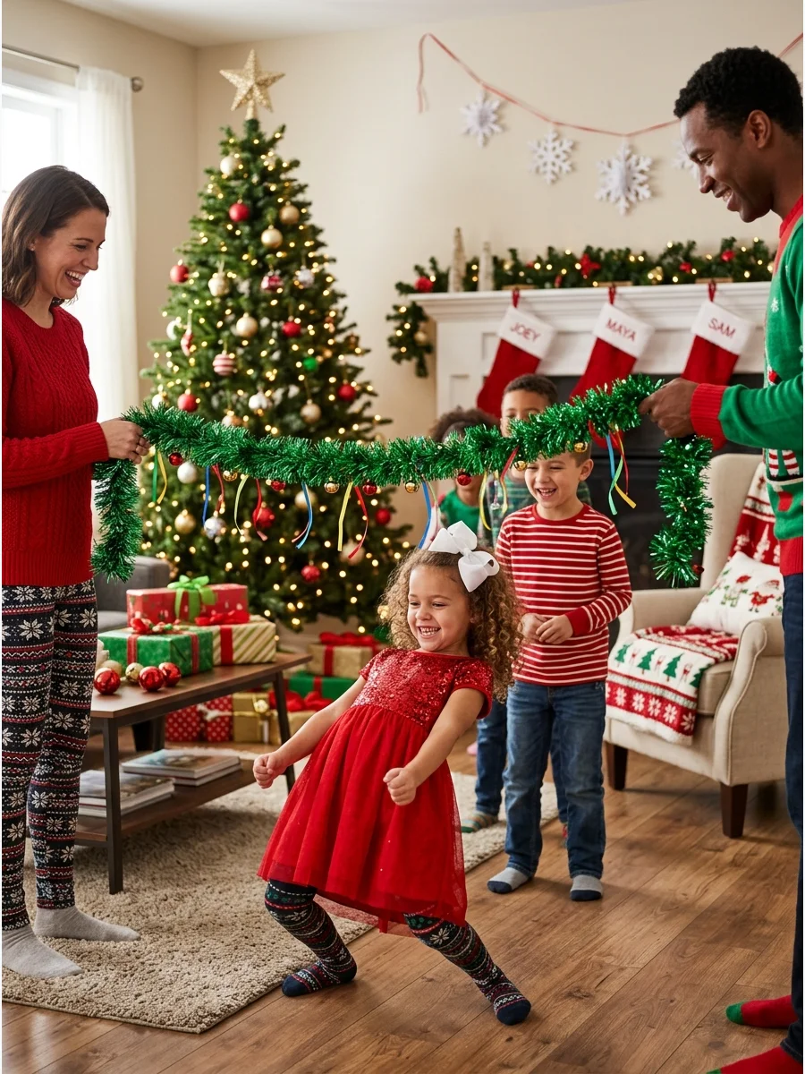 Kids playing limbo using a holiday garland in a decorated room.