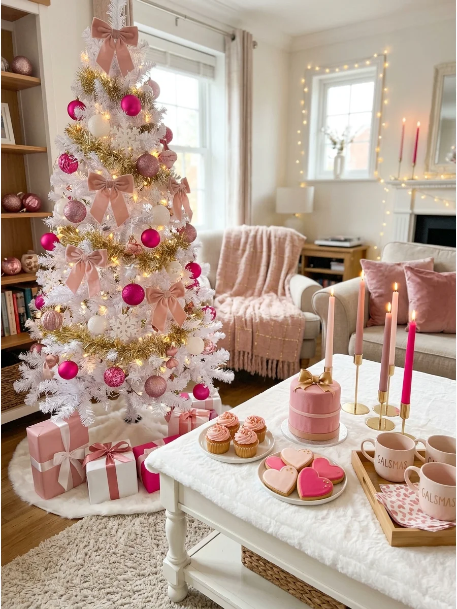 A white Christmas tree with pink and gold ornaments in a bright living room.