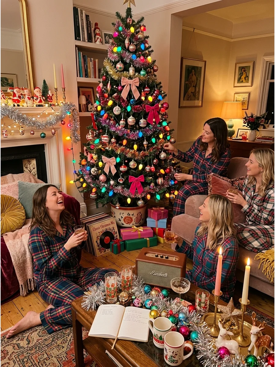 A vintage-style Christmas tree with tinsel and colorful retro ornaments.