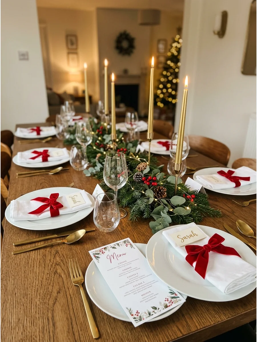 Formal Galsmas dinner table with gold accents and red bows.