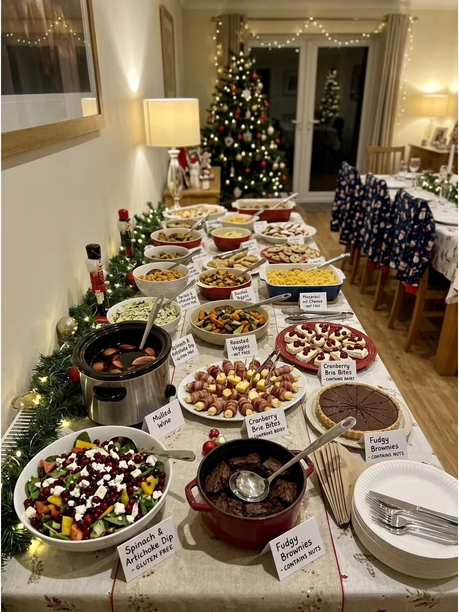 Potluck style Galsmas dinner with various serving dishes on a sideboard.