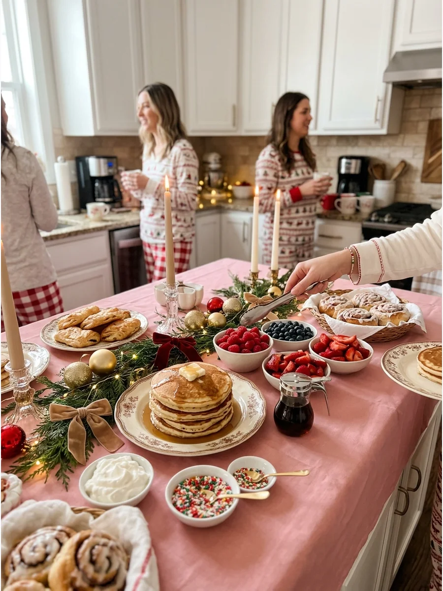 Galsmas brunch spread with pancakes and fruit on a pink tablecloth.