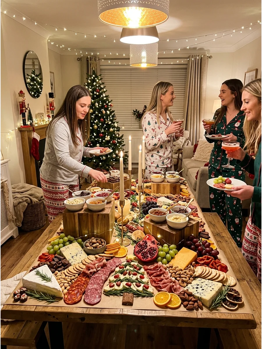Wreath shaped charcuterie board with cheese and meats for a Galsmas party.