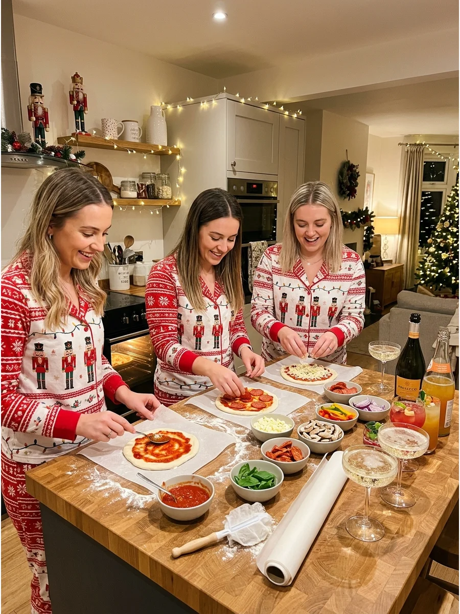 Interactive pizza making station with dough and toppings in a kitchen.