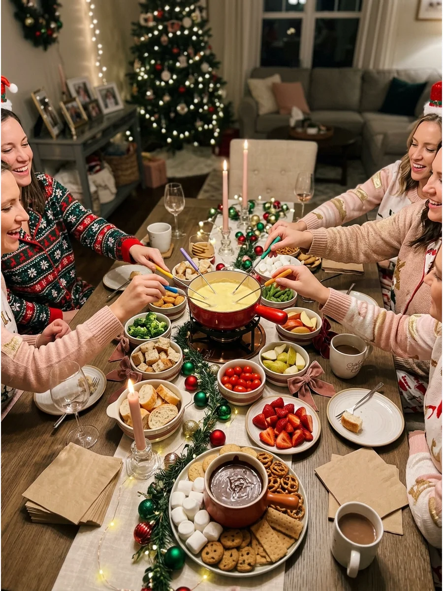 Fondue set on a table with bread and fruit for dipping.