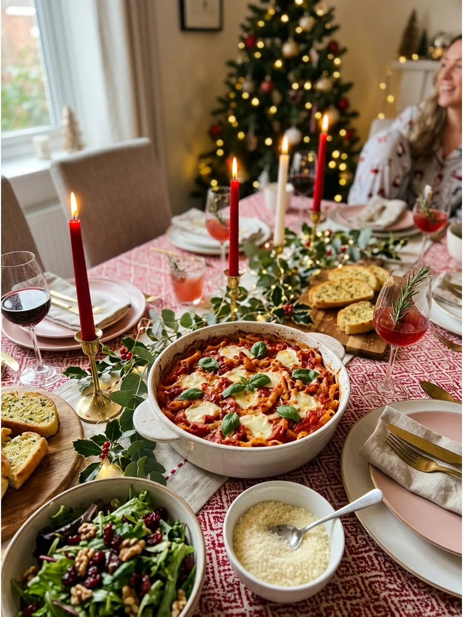 Large bowl of pasta served on a holiday themed dining table.
