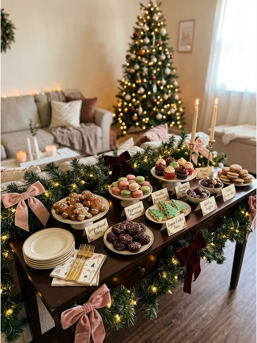 Dessert table with various Christmas cookies and a festive garland.