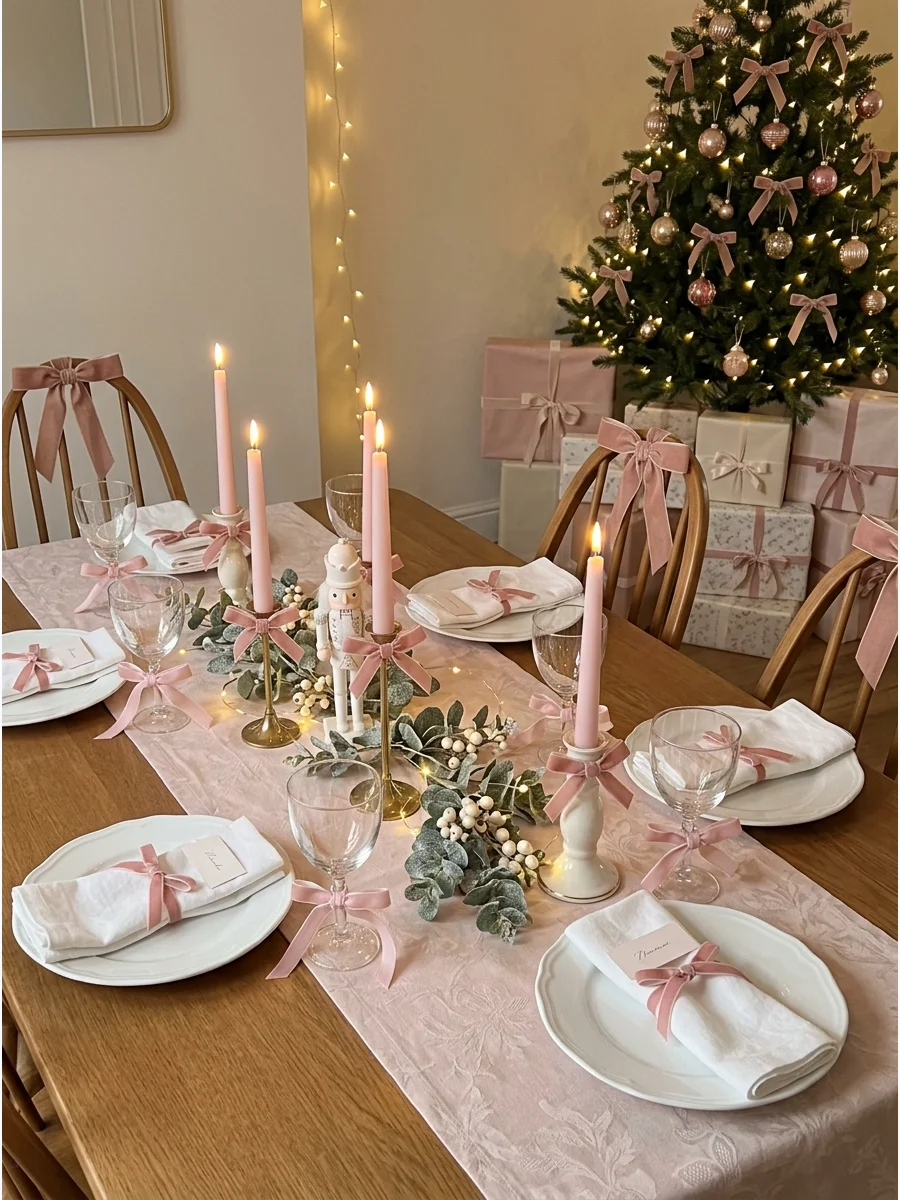 A dining table with candles and wine glasses decorated with small silk bows.